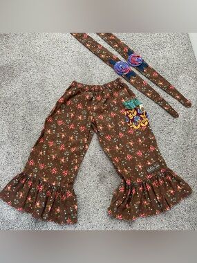 Matilda Jane Girls Floral Ruffle Pants Size 6 Brown Boho headband  Set